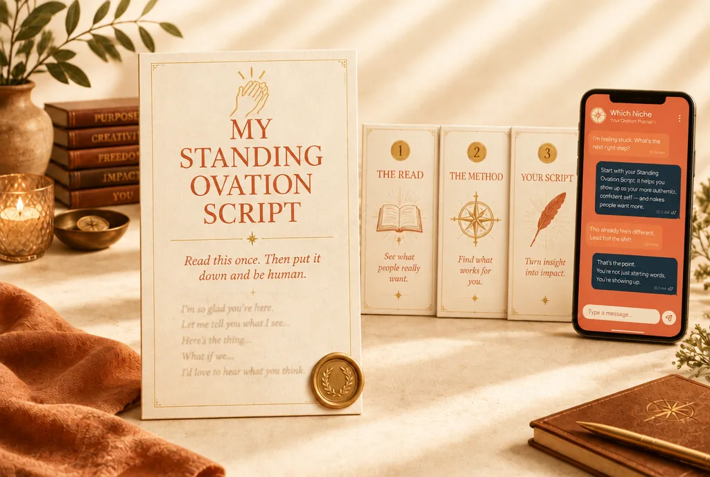 Standing Ovation Sales script card with three step cards and a gold wax seal, a sales script written in your own voice.