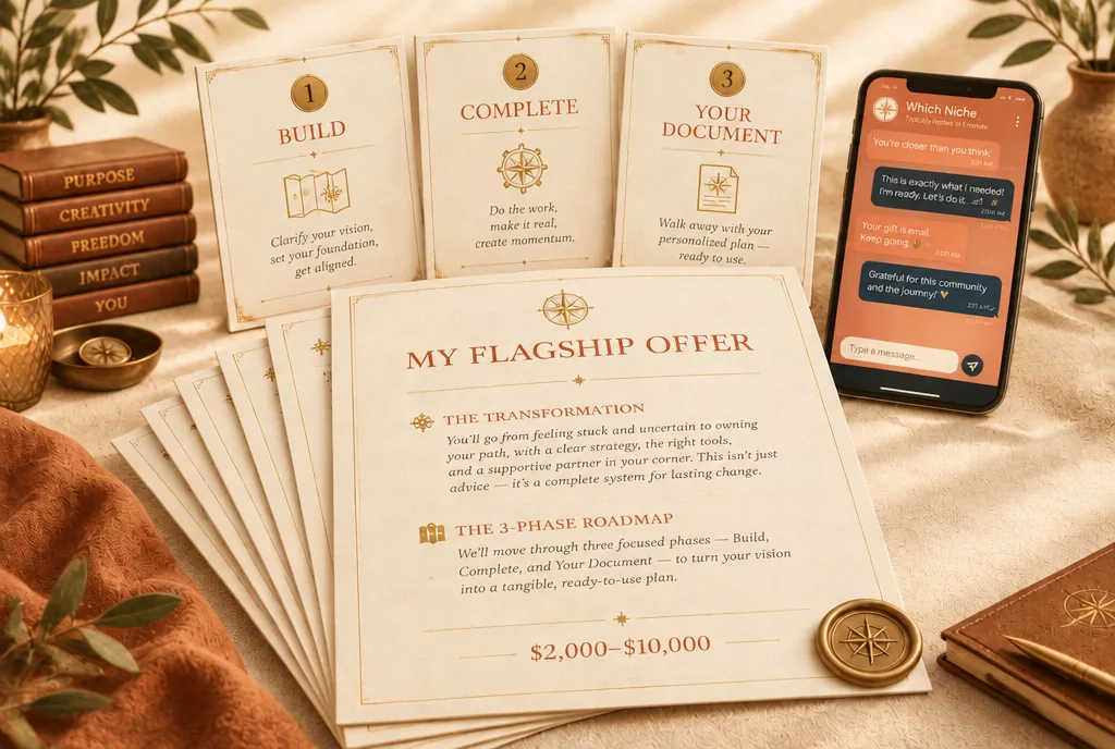 Your Flagship Offer page on parchment with a gold compass seal: one page describing a packaged transformation with a start, an end, and a finish line.